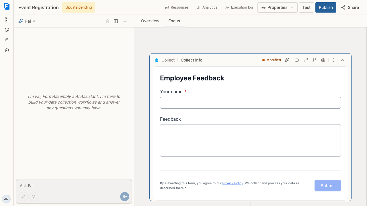 The FormAssembly workflow builder showing a Collect step followed by a Respond step