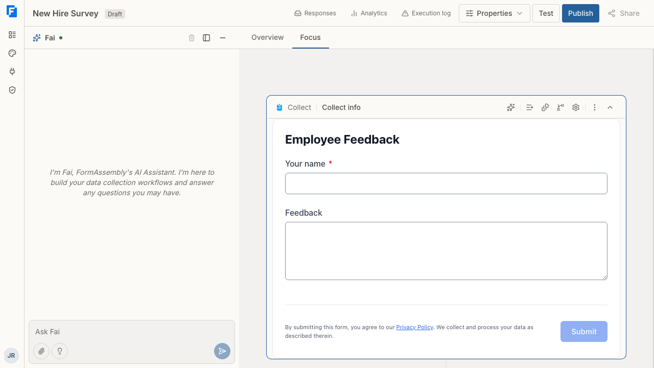 The workflow builder showing the canvas with connected steps and the AI chat panel.