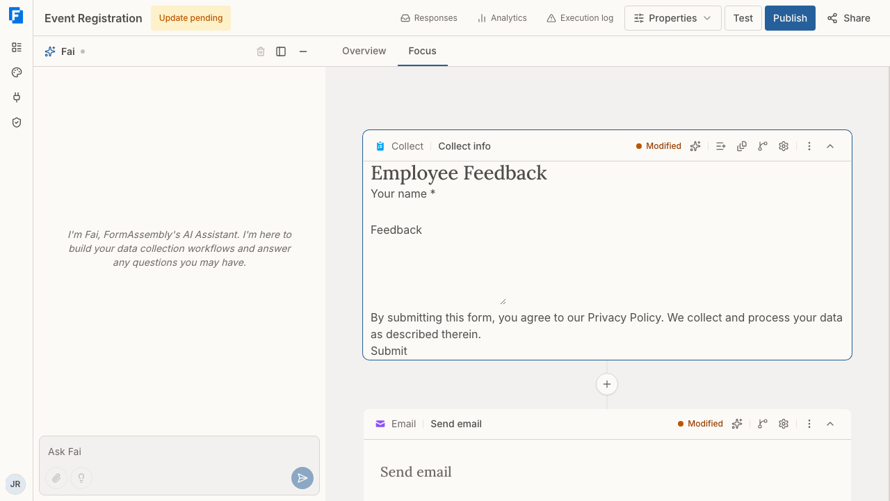 The workflow builder showing the Test, Publish, and Share options