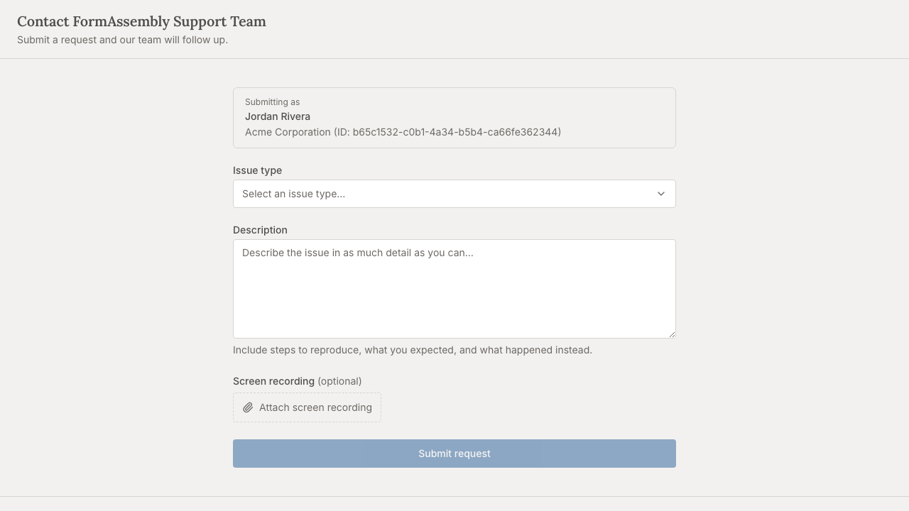 The Contact FormAssembly Support Team form