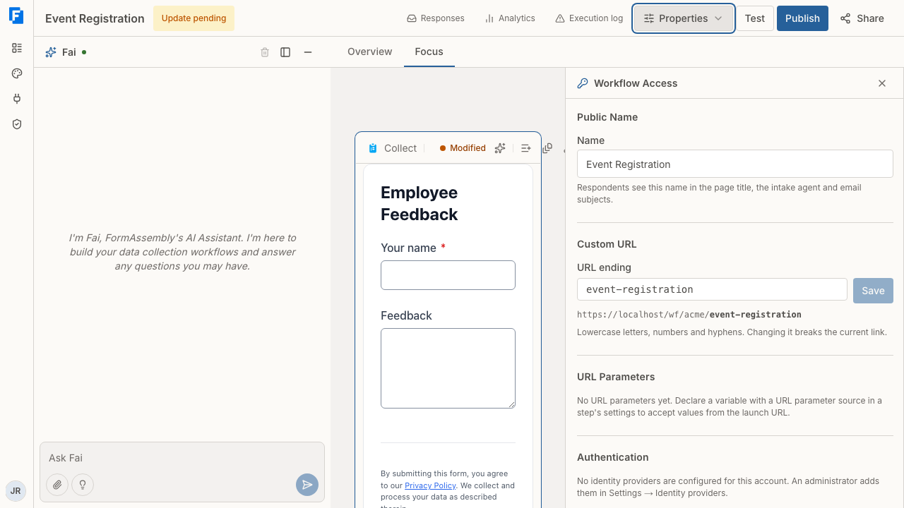 The Authentication section of the workflow Properties panel
